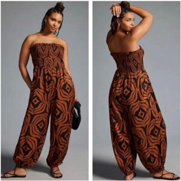 Anthropologie 2X Printed Balloon Leg One Piece Smocked Tube Top Jumpsuit - Picture 1 of 11